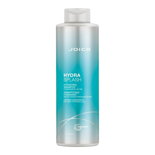 Joico Hydrasplash Hydrating Shampoo bottle, 33.8 oz, with white and blue packaging, for nourishing and moisturizing hair.