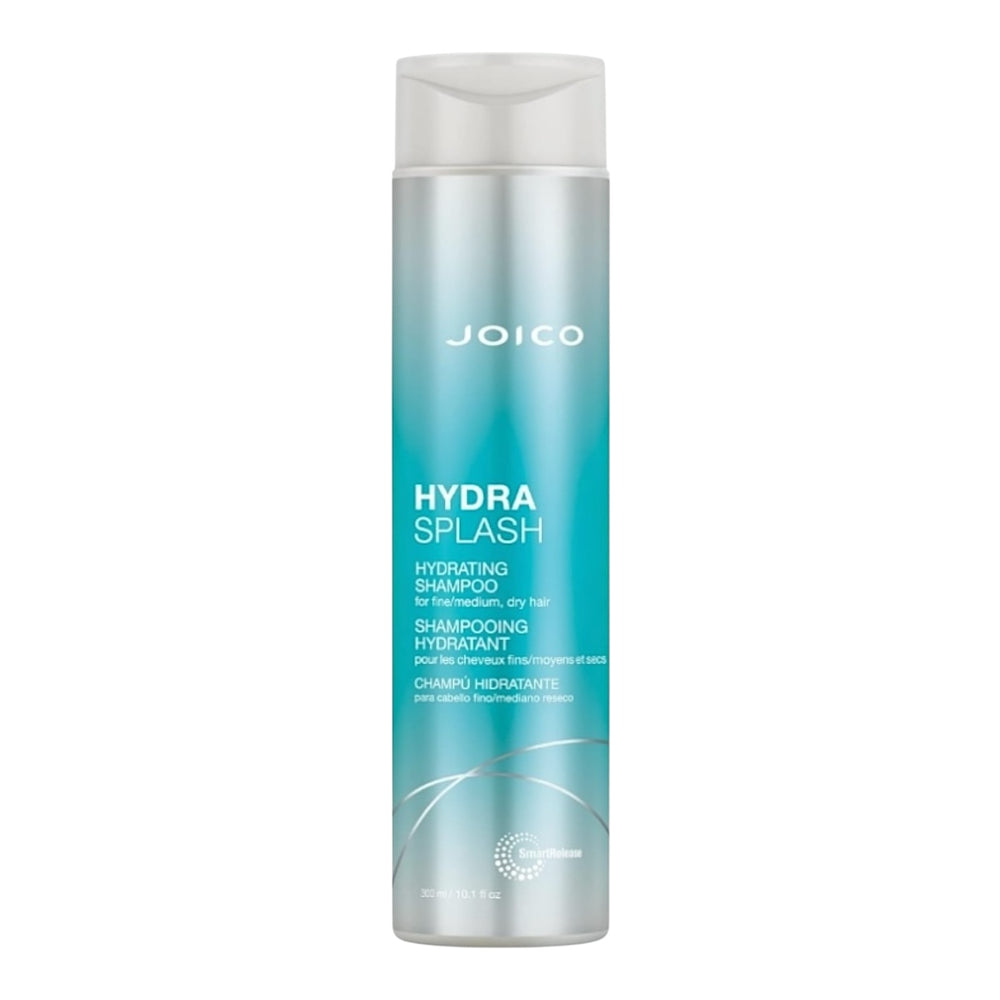 Joico Hydrasplash Hydrating Shampoo bottle, 10.1 oz, with clear label and blue accents, designed for hair hydration and moisture.