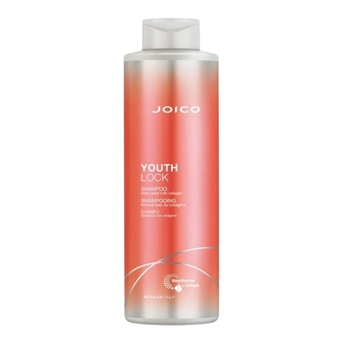 Joico Youthlock Shampoo 33.8 oz bottle, nourishing hair care product with a sleek bottle design, ideal for youthful hair vitality.