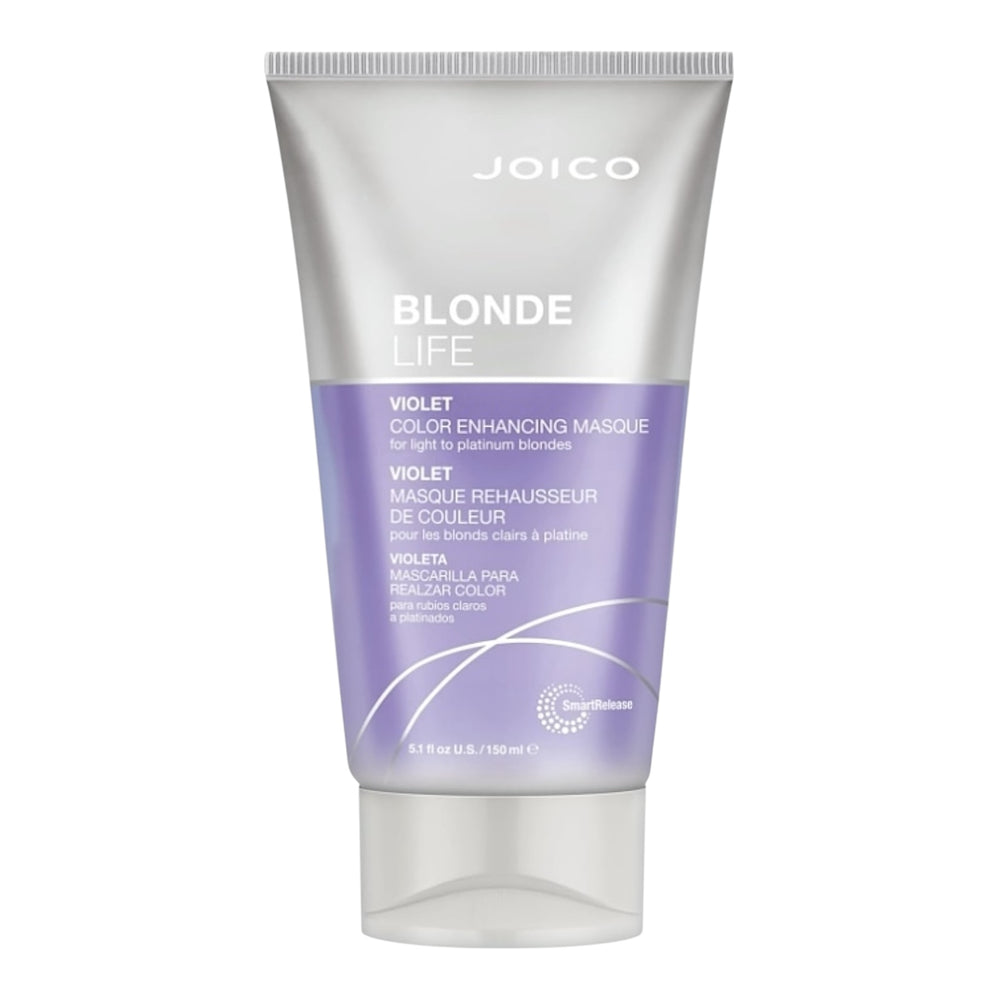 Joico Blonde Life Enhancing Masque Violet 5.1 oz jar showing purple-tinted hair mask for blonde hair care