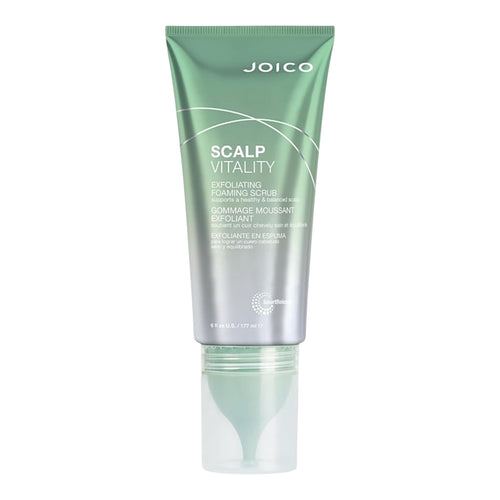 Joico Scalp Foaming Scrub in 6 oz bottle, showing the white foaming cleanser with a flip-top cap and clear labeling.