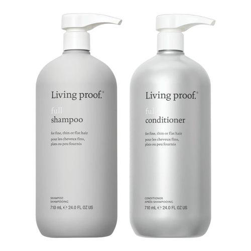 Living Proof Full Shampoo and Conditioner set in 24 oz bottles, featuring sleek packaging and healthy, shiny hair.
