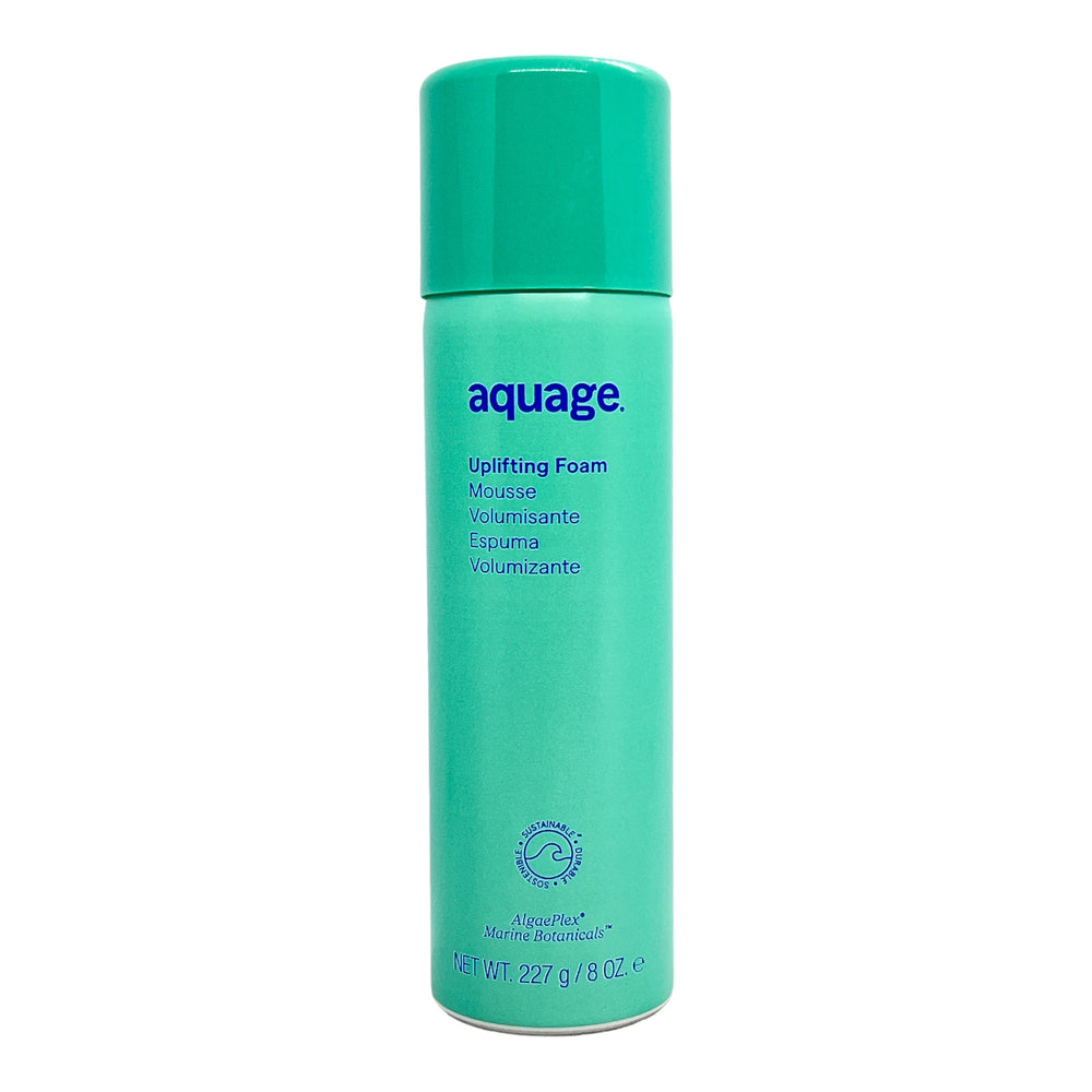 Aquage Uplifting Foam hair styling mousse in an 8 oz bottle, with a white pump dispenser and blue label, ready for styling.