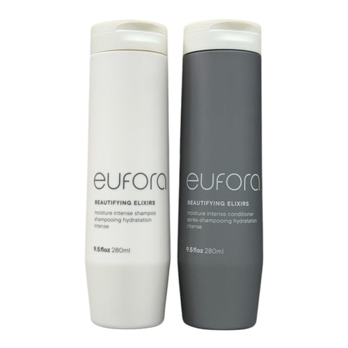 Eufora Beautifying Elixirs Moisture Intense Shampoo and Conditioner set, 9.5 oz each, for nourishing hair care.