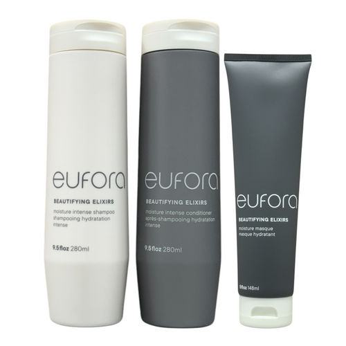 Eufora Beautifying Elixirs Moisture Intense Shampoo and Conditioner set with a nourishing hair masque, 9.5 oz and 5 oz bottles.