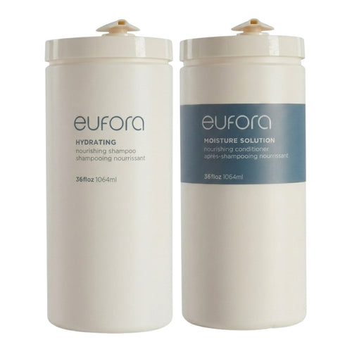 Eufora Hydrating Shampoo and Moisture Solution Conditioner set in 36 oz bottles, displayed together.