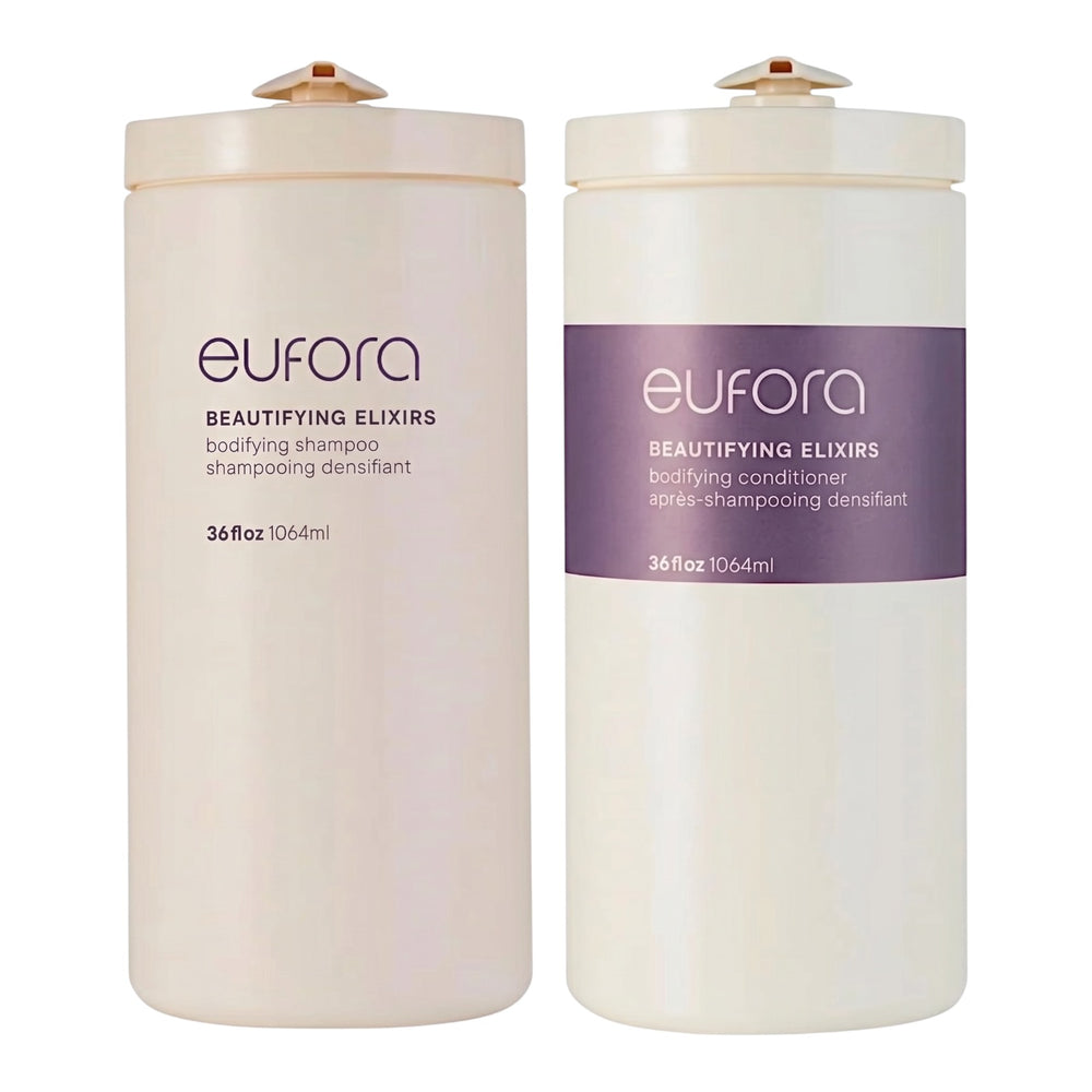 Eufora Beautifying Elixir shampoo and conditioner set in 36 oz bottles, hydrating hair care duo with nourishing formula.