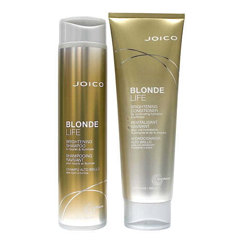 Joico Blonde Life Brightening Shampoo and Conditioner set, 10.1 oz and 8.5 oz bottles, for blonde hair brightening and care.