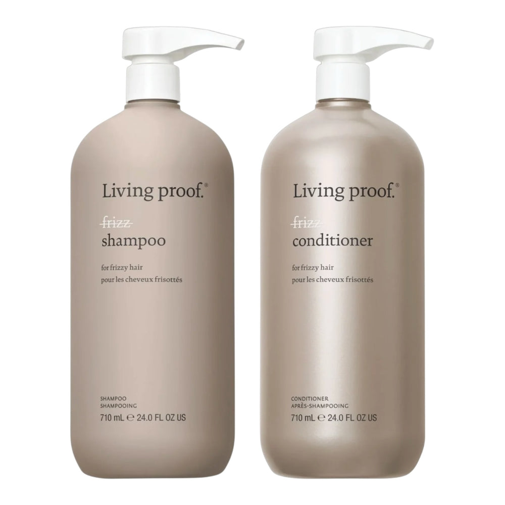 Living Proof No Frizz shampoo and conditioner set in 24 oz bottles, featuring sleek packaging and clean, frizz-free hair results.