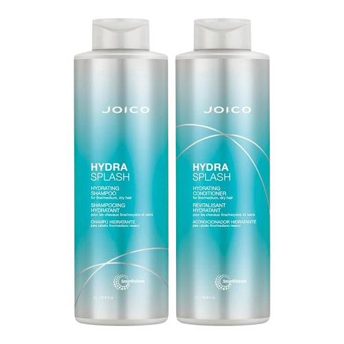 Joico Hydrasplash hydrating shampoo and conditioner set in 33.8 oz bottles, shown together with sleek packaging and blue accents.