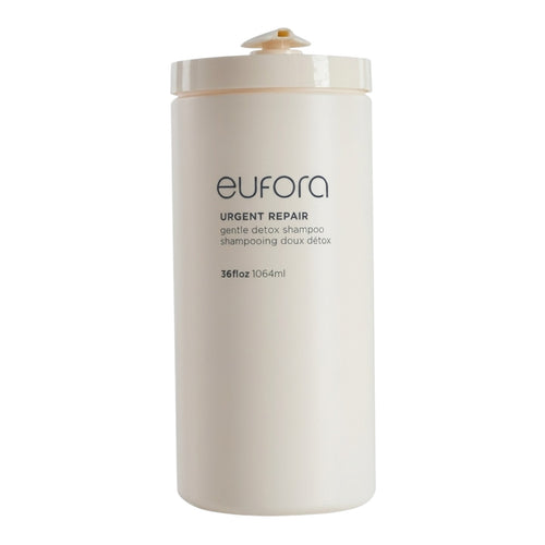 Eufora Urgent Repair Gentle Detox Shampoo bottle, 36 oz, with clear label and pump dispenser for hair cleansing and detoxification.