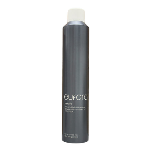 Eufora Elevate Firm Workable Finishing Spray 10 oz bottle with a pump, designed for strong hold and flexible styling.