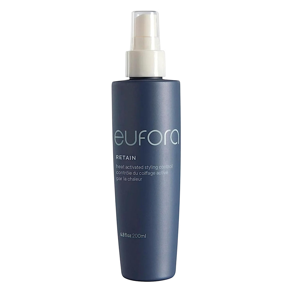 Eufora Retain Heat Activated Styling Control in a 6.8 oz bottle, with a sleek design and product label visible.