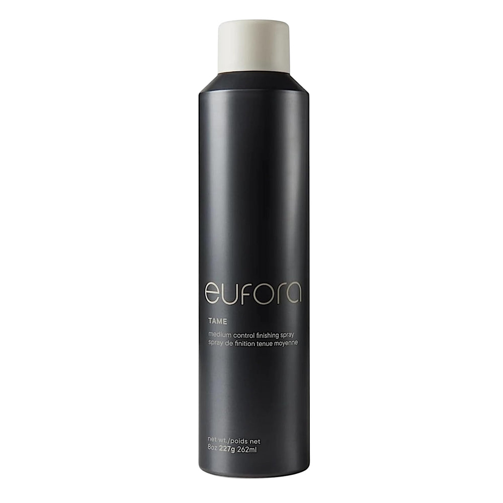 Eufora Tame Medium Control Finishing Spray, 8 oz, in a spray bottle for smooth, controlled hair styling.