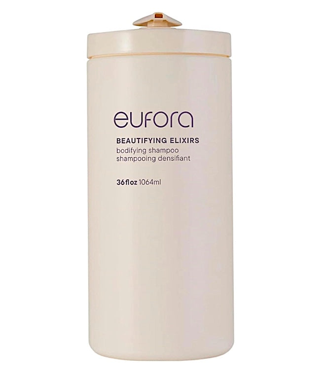 Eufora Beautifying Elixirs Bodifying Shampoo 36 oz bottle with clear label and pump dispenser, designed for volumizing hair care.