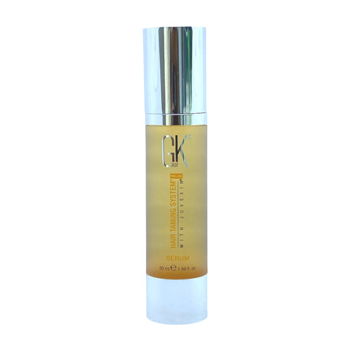 GK Hair Global Keratin Hair Taming System Serum 1.69 oz bottle with pump and label, designed for smoothing and enhancing hair shine.
