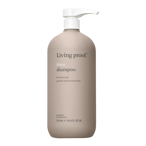 Living Proof No Frizz Shampoo 24 oz bottle, gentle formula for frizz control and smooth hair, featuring clear packaging and pump dispenser.