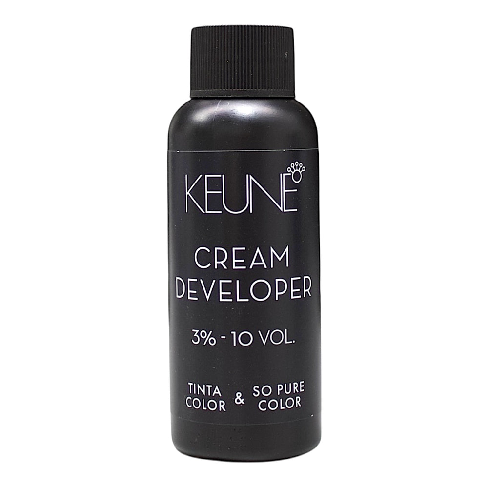 Keune Tinta Cream Developer 3% 10 Vol for hair coloring, showing the 2 oz bottle with label and cap.