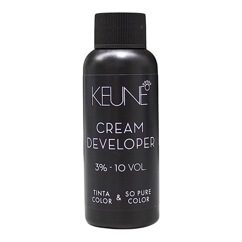 Keune Tinta Cream Developer 3% 10 Vol for hair coloring, showing the 2 oz bottle with label and cap.