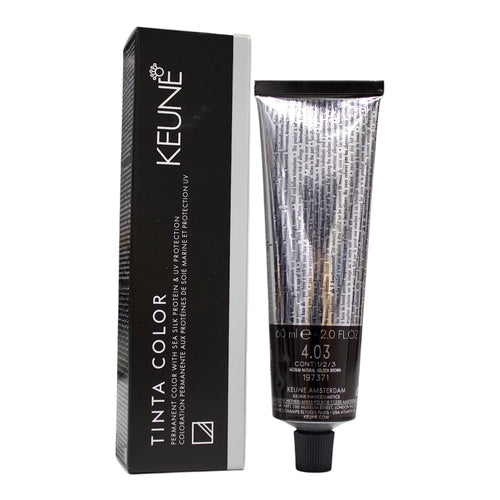 Keune Tinta Color 4.03 medium mocha brown hair color tube, showcasing the product and its packaging.