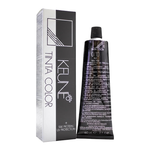 Keune Tinta Color 0/10 blue permanent hair color in 2.1 oz tube, showing vibrant blue shade and packaging.