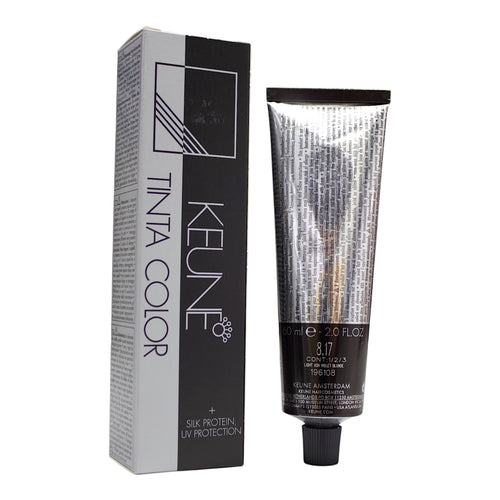 Keune Tinta Color 8.17 permanent hair color in ash violet blonde shade, showcasing the vibrant violet hue and creamy texture.