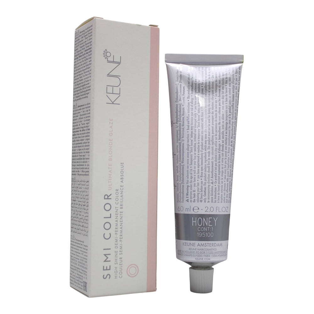 Keune Semi Color Honey Ultimate Blonde Glaze hair color in 2 oz tube, showcasing glossy blonde semi-permanent hair dye.