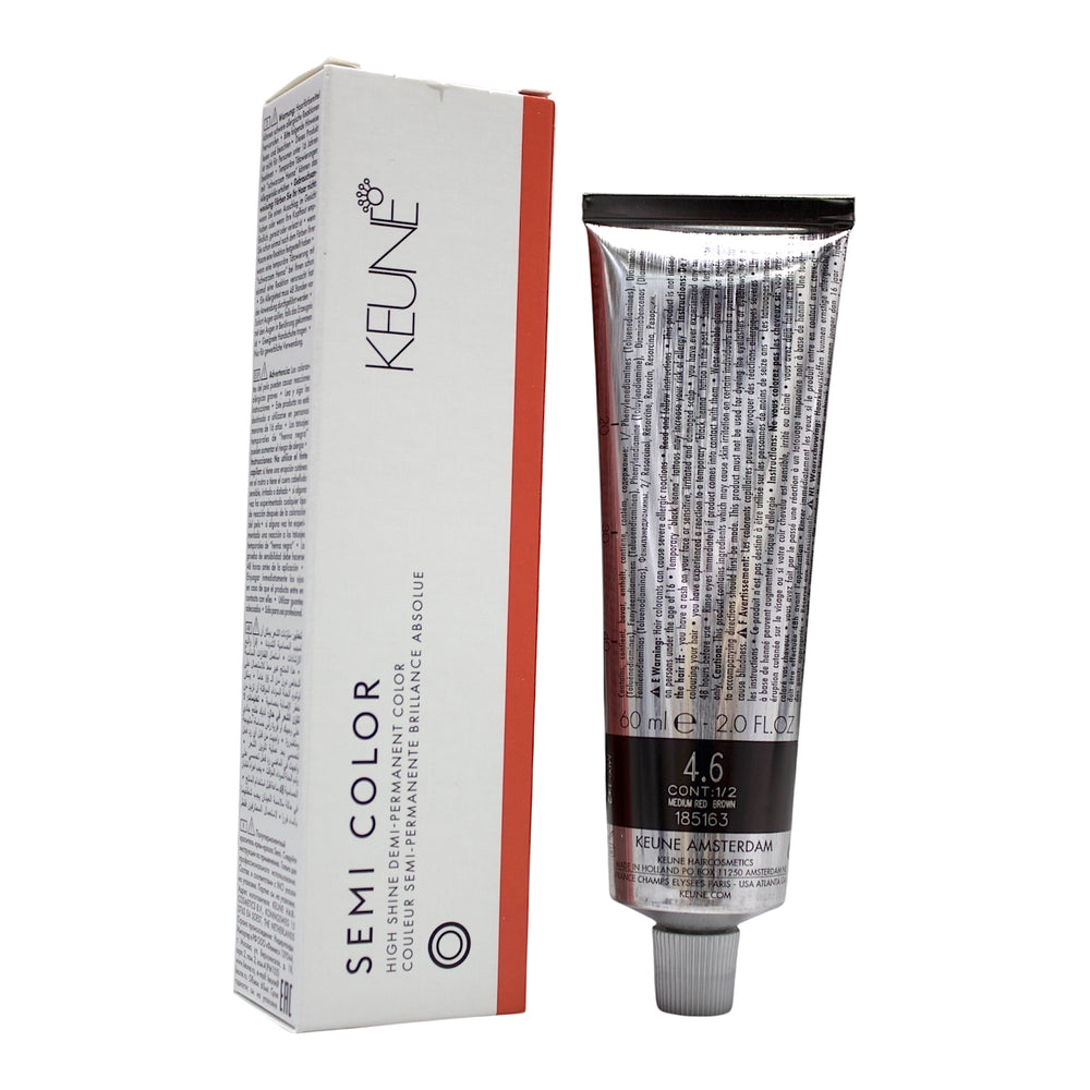 Keune Semi Color 4.6 medium red brown demi-permanent hair color in 2 oz tube, showcasing rich, vibrant hair dye product