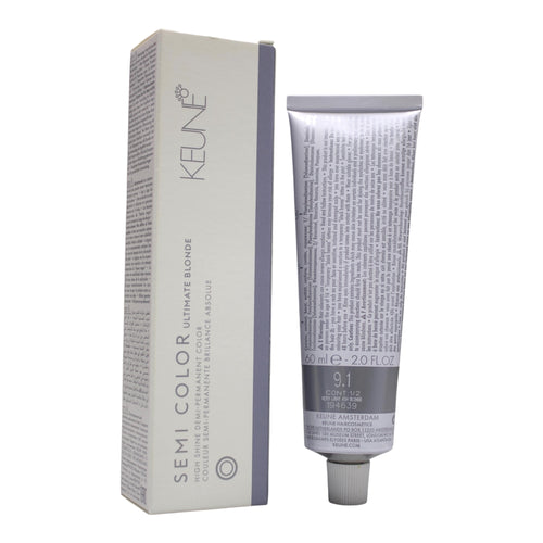 Keune Semi Color 9.1 Ultimate Blonde Demi-Permanent Hair Color in 2 oz, Very Light Ash Blonde shade, showing the product packaging