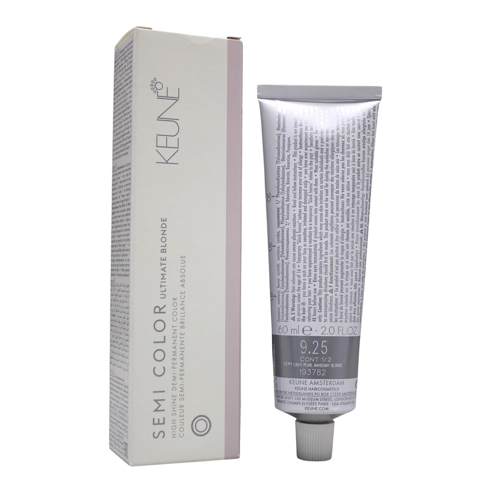 Keune Semi Color 9.25 demi-permanent hair color in a 2 oz bottle, featuring a very light pearl mahogany blonde shade.