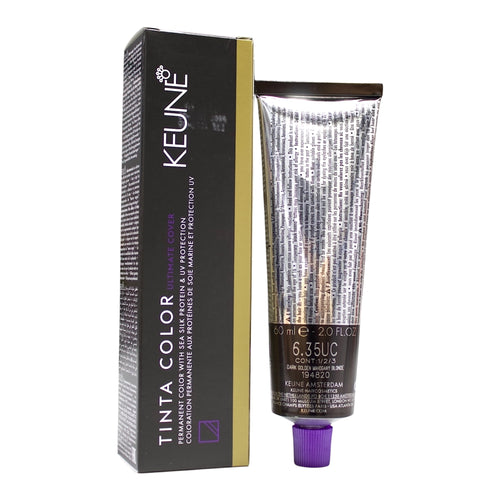 Keune Tinta Color 6.35UC dark golden mahogany blonde hair dye in 2 oz bottle, permanent hair color with rich reddish-brown hue