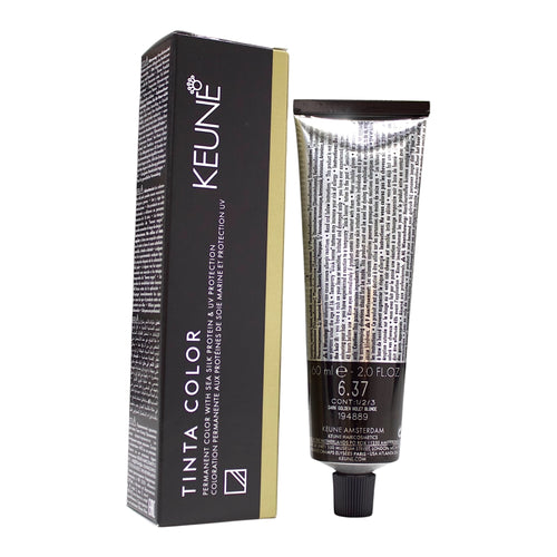 Keune Tinta Color 6.37 dark golden violet blonde permanent hair color, 2 oz tube showing vibrant violet and golden tones