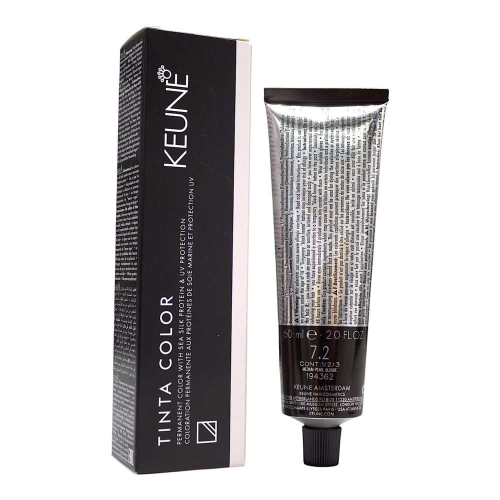 Keune Tinta Color 7.2 medium pearl blonde hair color tube, permanent hair dye, 2 oz bottle with color swatch on packaging