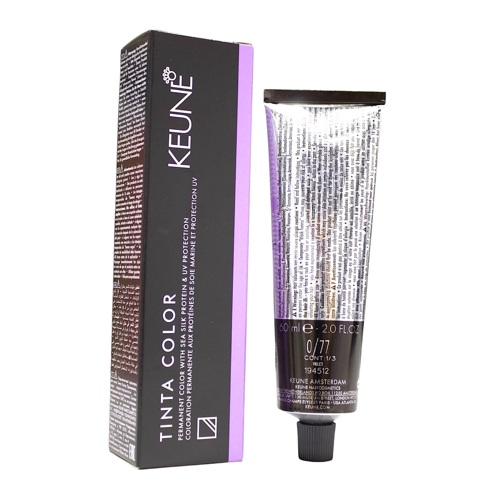 Keune Tinta Color 0/77 violet permanent hair dye in 2 oz bottle, showing the vibrant violet shade and product packaging.