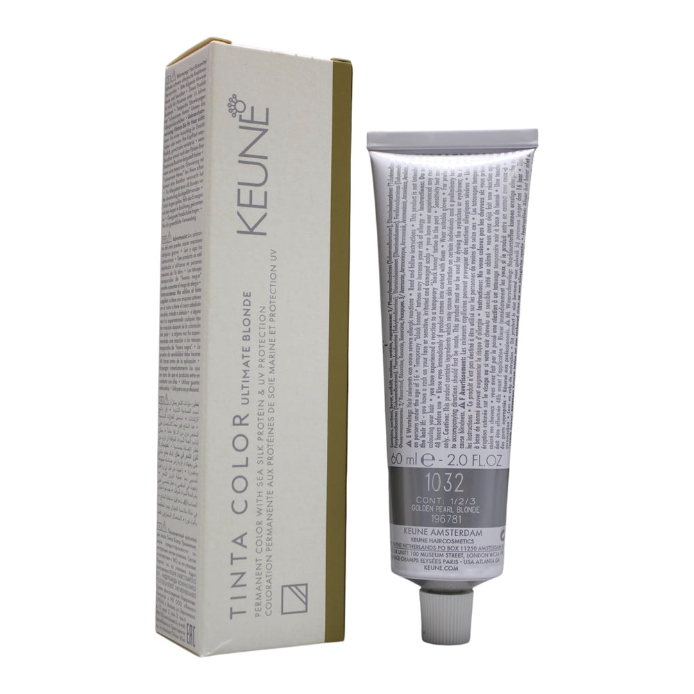 Keune Tinta Color Ultimate Blonde Permanent Hair Color in Golden Pearl Blonde shade, 2 oz bottle, showing the creamy hair dye.