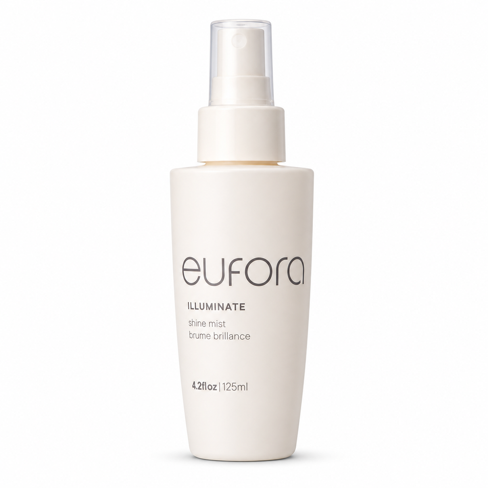 Eufora Shine Mist Spray illuminates hair, showing a clear spray bottle with a sleek design and reflective shine effects.
