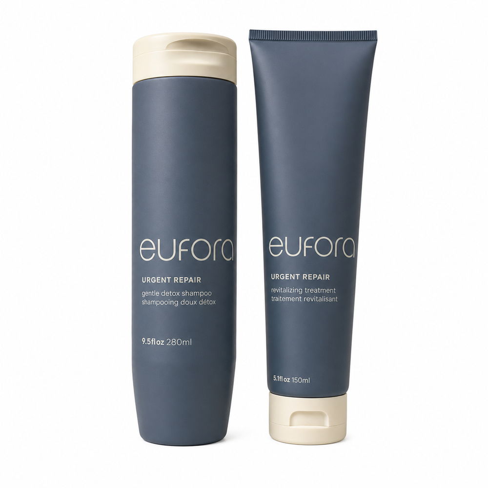 Eufora Urgent Repair Shampoo and Treatment set with 9.45 oz shampoo and 5 oz repair treatment bottles on a white background.