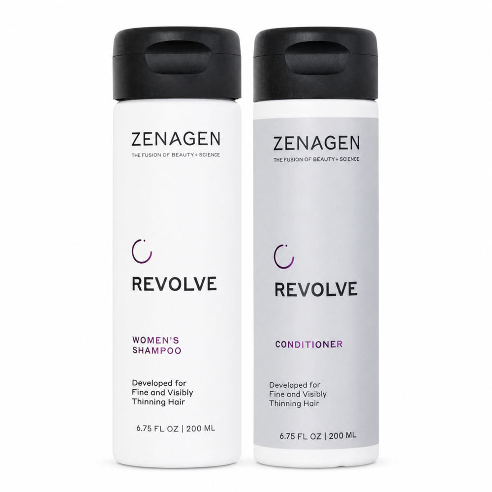 Zenagen Revolve women’s thickening shampoo and conditioner set, 6.75 oz each, with bottles visible and product labels in view.