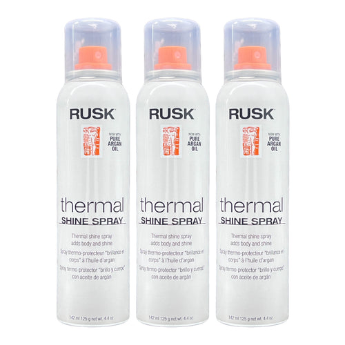 Rusk Thermal Shine Spray with Pure Argan Oil, 4.4 oz, in a pack of three, featuring a spray bottle for shiny, smooth hair.