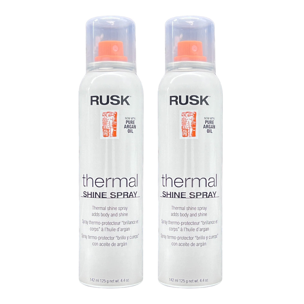 Rusk Thermal Shine Spray with pure argan oil in a 4.4 oz bottle, featuring a spray nozzle for smooth, shiny hair.