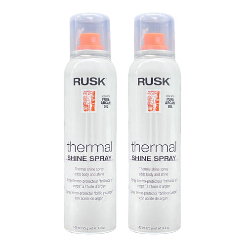Rusk Thermal Shine Spray with pure argan oil in a 4.4 oz bottle, featuring a spray nozzle for smooth, shiny hair.