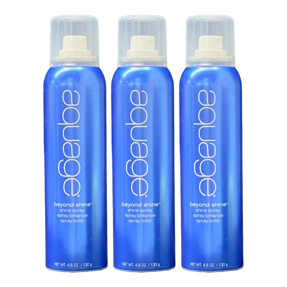 Aquage Beyond Shine hair spray in 4.6 oz bottles, pack of 3, for a glossy, long-lasting hold and shine.