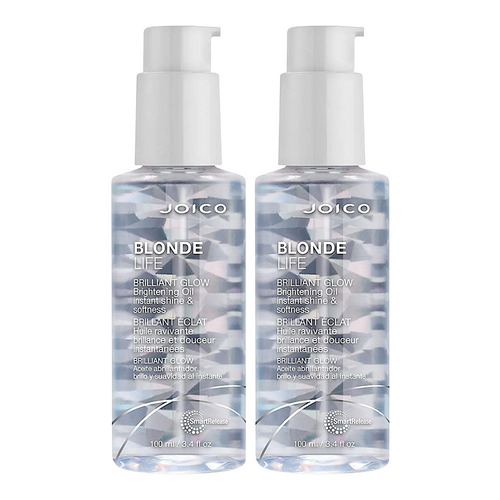 Joico Blonde Life Brilliant Glow brightening oil, 3.4 oz, in a pack of two bottles, designed to enhance blonde hair shine and brilliance.