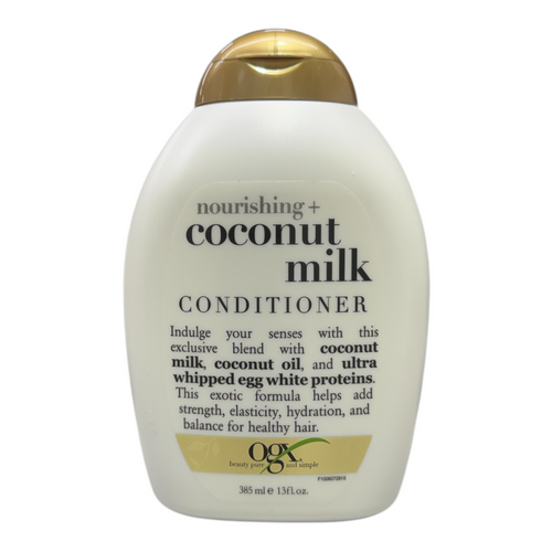 Living Proof OGX Nourishing Coconut Milk Conditioner in 13 oz bottle, showing its sleek packaging and creamy conditioner inside.