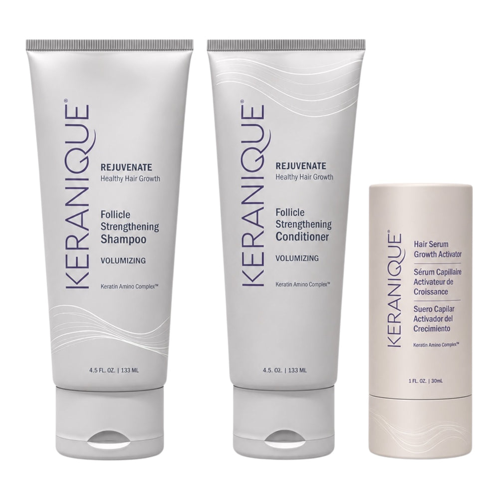Keranique Volumizing Shampoo and Conditioner 4.5 Oz and Hair Serum Growth Activator 1 Oz Kit