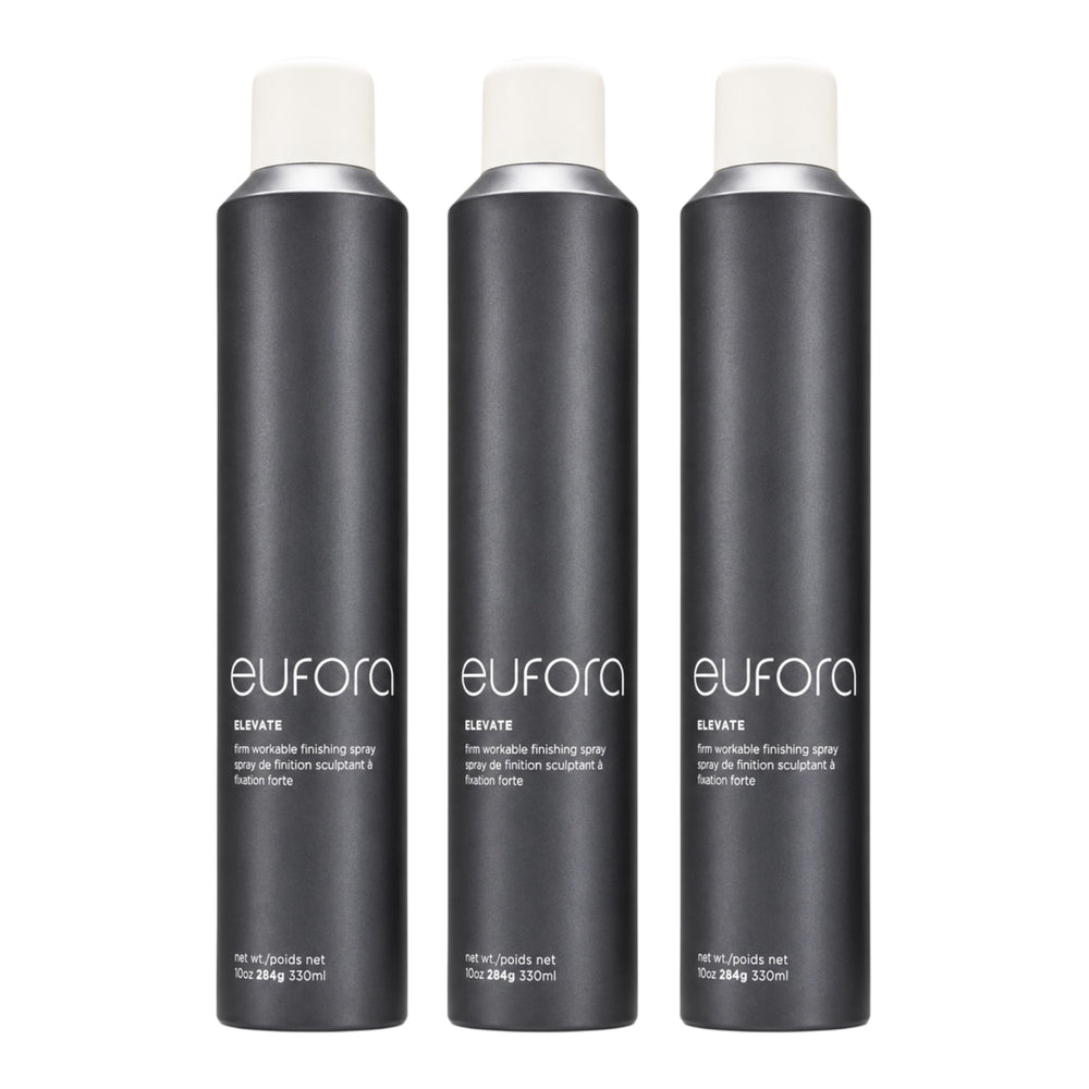 Eufora Elevate Firm Workable Finishing Spray 10 oz bottles, three-pack, displaying spray nozzle and product label.