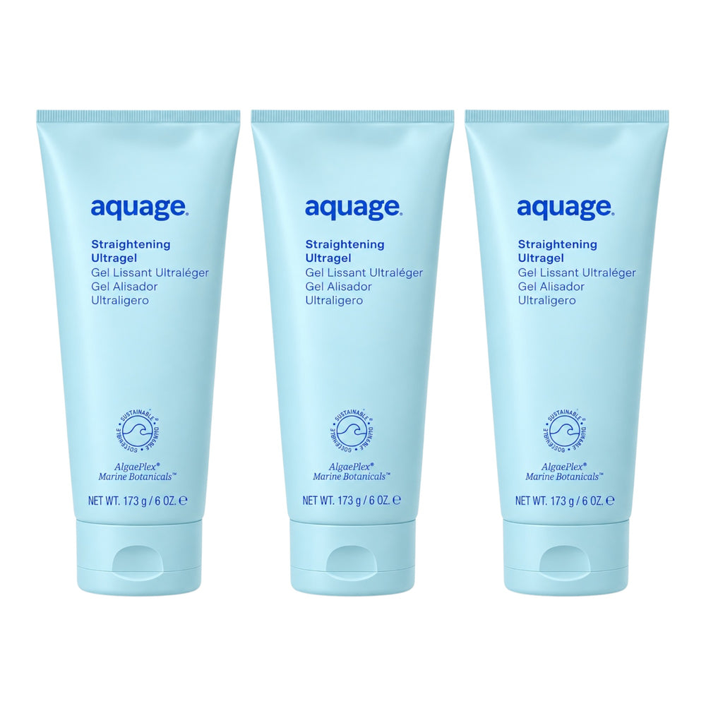 Three 6 oz bottles of Aquage Straightening UltraGel for hair relaxers and straightening, with sleek gel packaging visible.