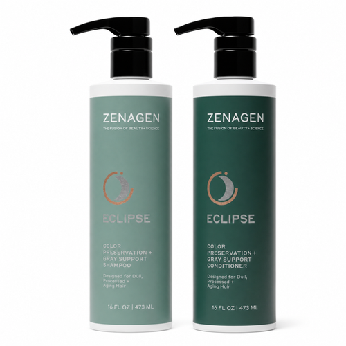 Zenagen Eclipse Color Preservation and Gray Support Shampoo and Conditioner set in 16 oz bottles for dull, gray, and color-treated hair.