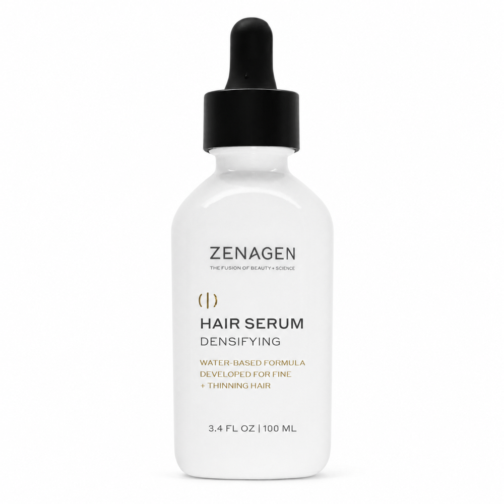 Zenagen Hair Serum Densifying for fine and thinning hair, 3.4 oz, in a clear bottle showing the serum's texture and applicator.