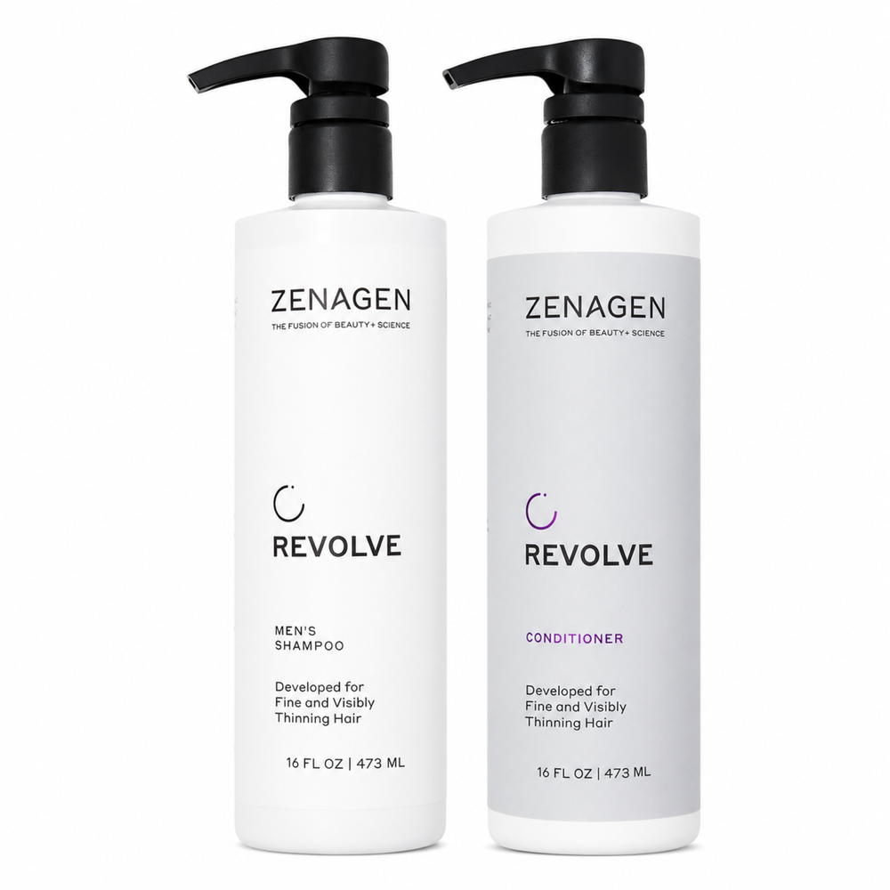 Zenagen Revolve men's thickening shampoo and conditioner set in 16 oz bottles, natural hair care for fuller, thicker hair.